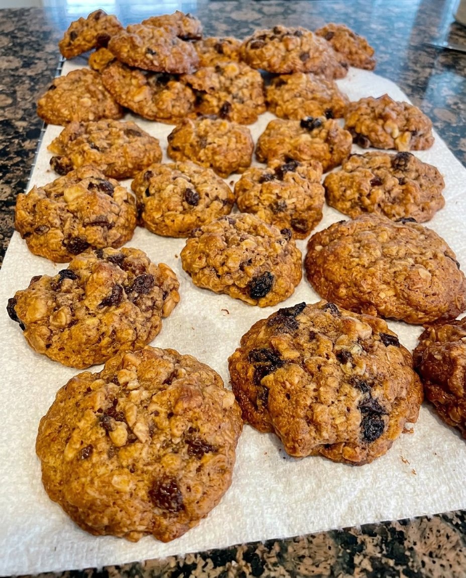 A tall stack of oatmeal cookies next to a vintage glass of cold milk on a rustic kitchen counter.