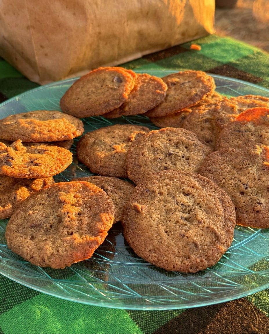 A close up stack of thin and chewy chocolate chip cookies showing chocolate chunks.