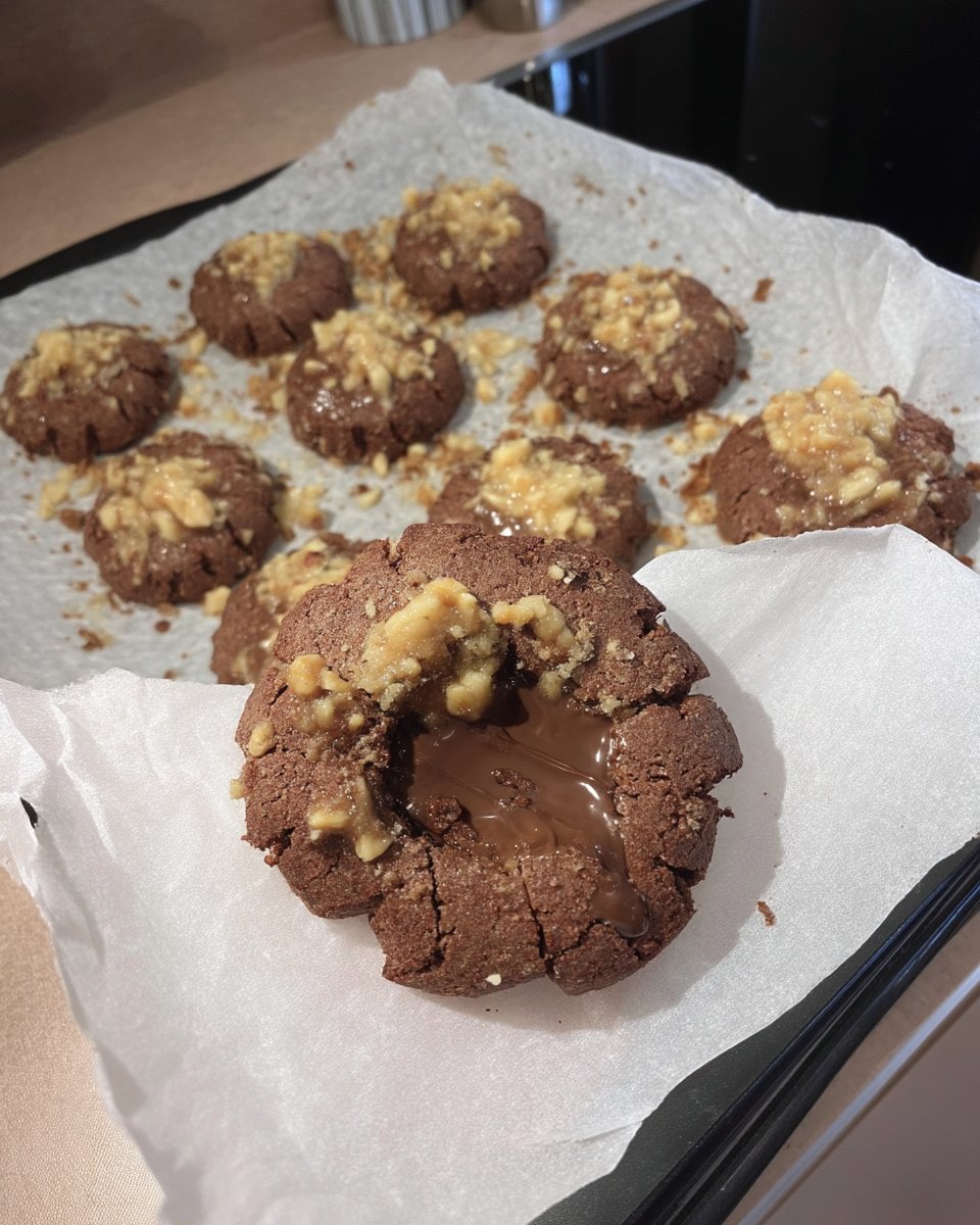 Chocolate hazelnut linzer cookies stacked inside a glass cookie jar