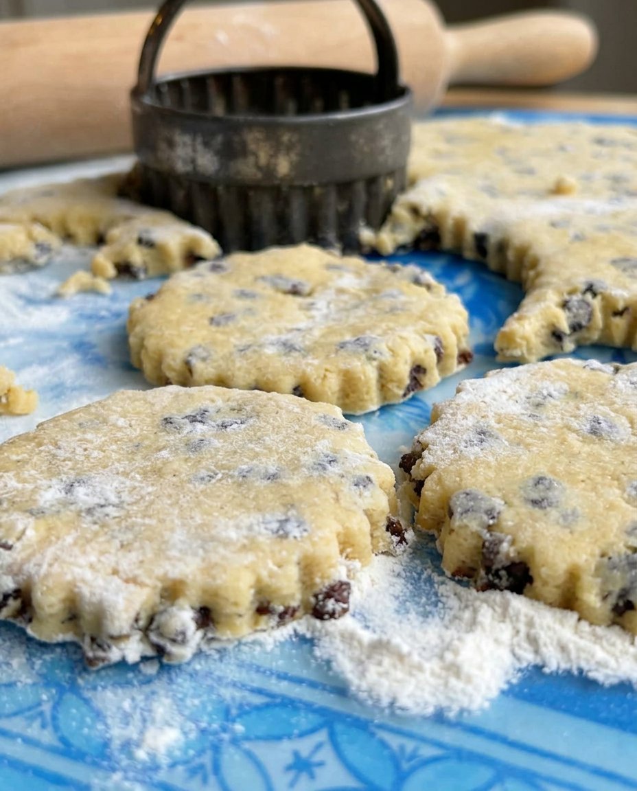 Welsh cakes cooking on a heavy cast iron griddle over medium heat.