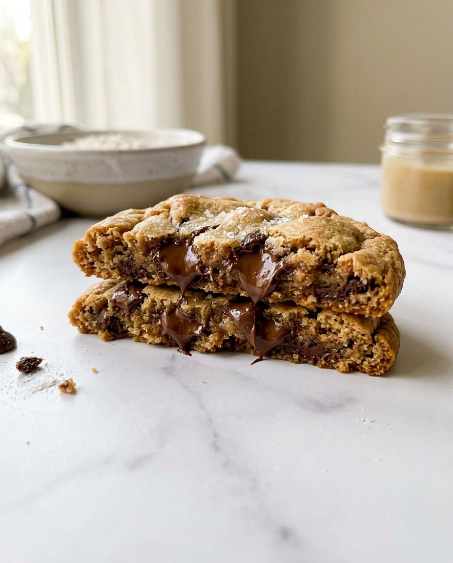 Tahini cookie dough being scooped onto a parchment lined baking sheet.