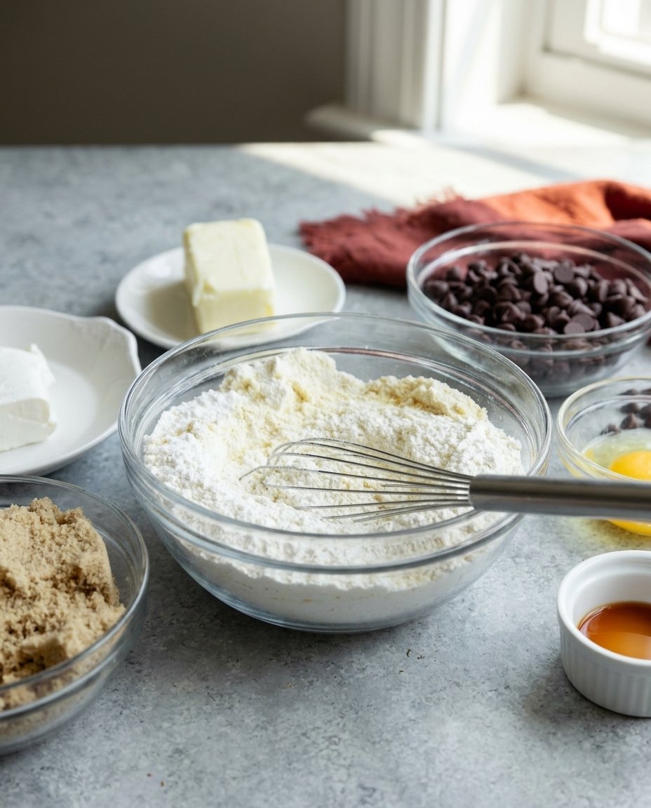 Bowls of chickpea flour, semolina, and coconut oil for making cookies