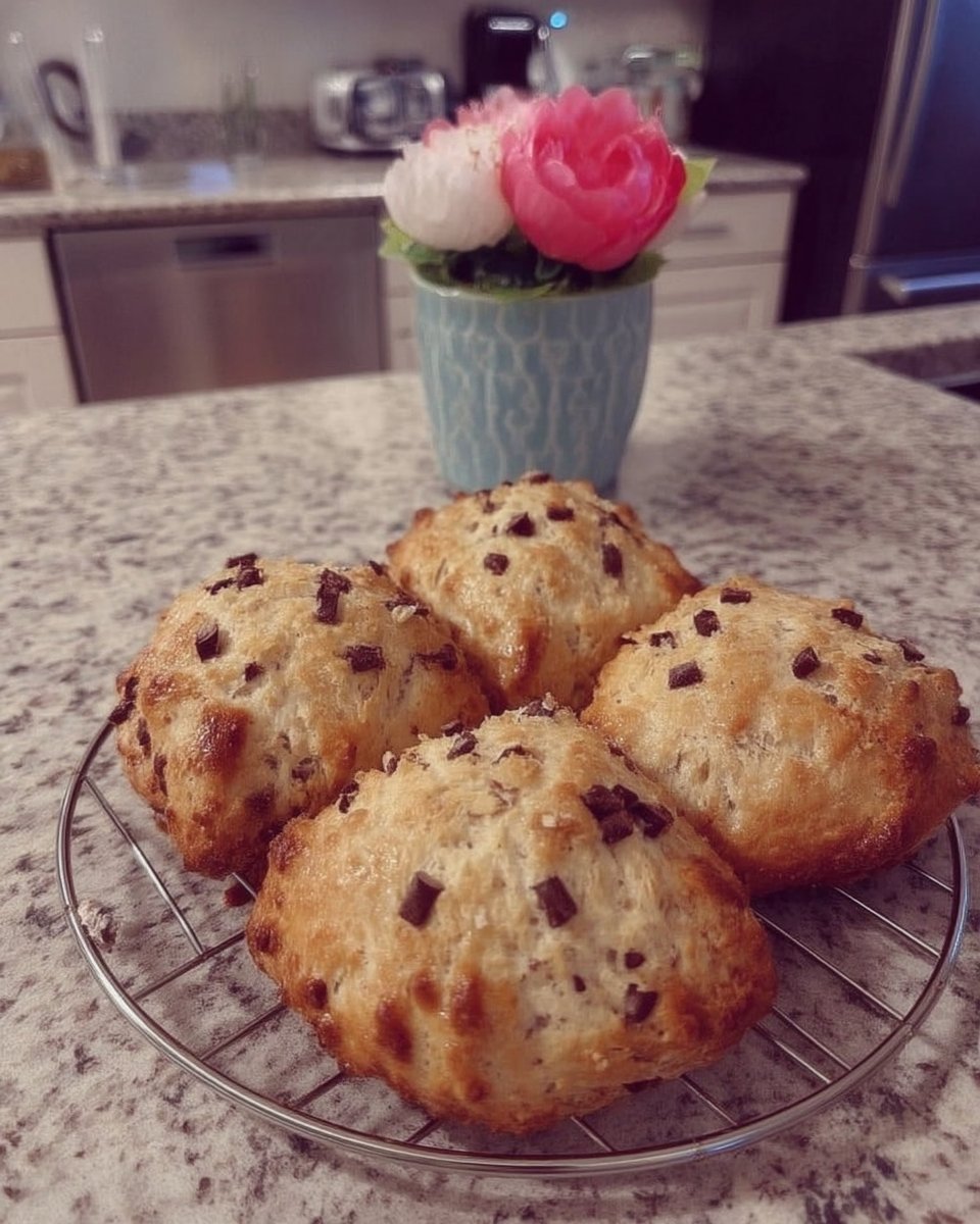 A stack of thick chocolate chip cookies in a vintage kitchen setting