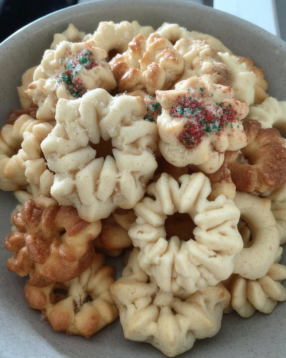 Old-fashioned almond spritz cookies cooling on a wire rack with a vintage kitchen background