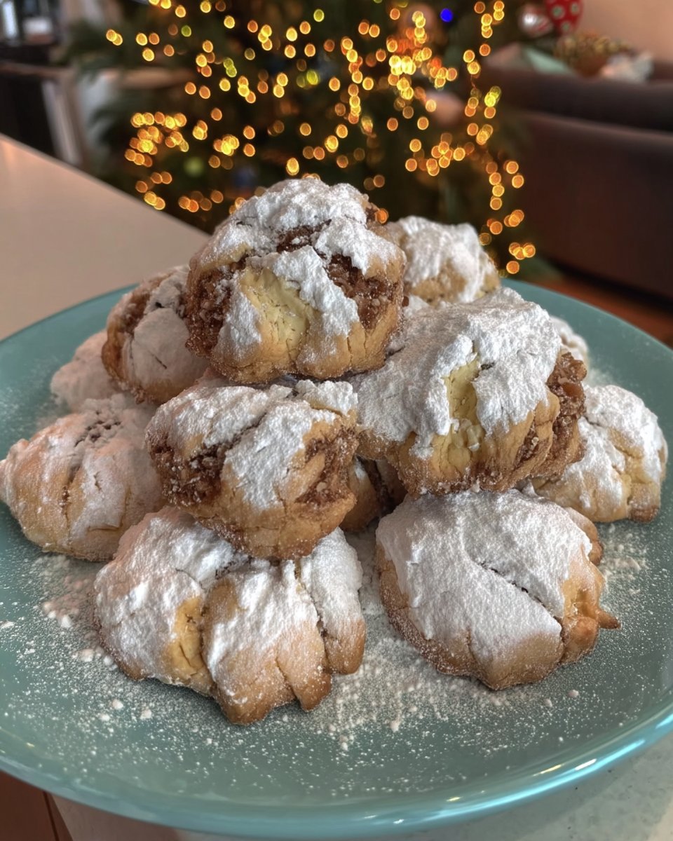 A stack of crackled Amaretti cookies on a vintage white lace tablecloth