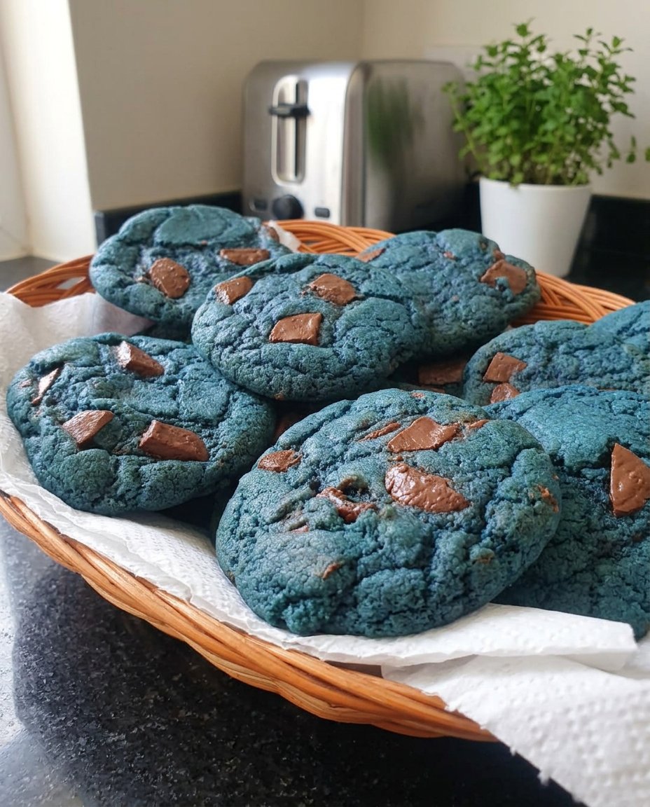 A batch of vibrant blue character cookies cooling on a wire rack in a rustic kitchen.