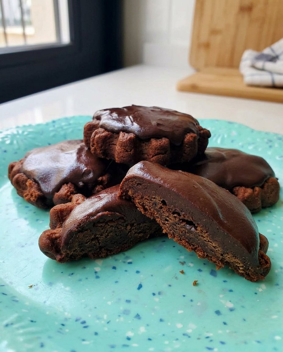 Old fashioned chocolate turtle cookies with caramel centers on a wooden table