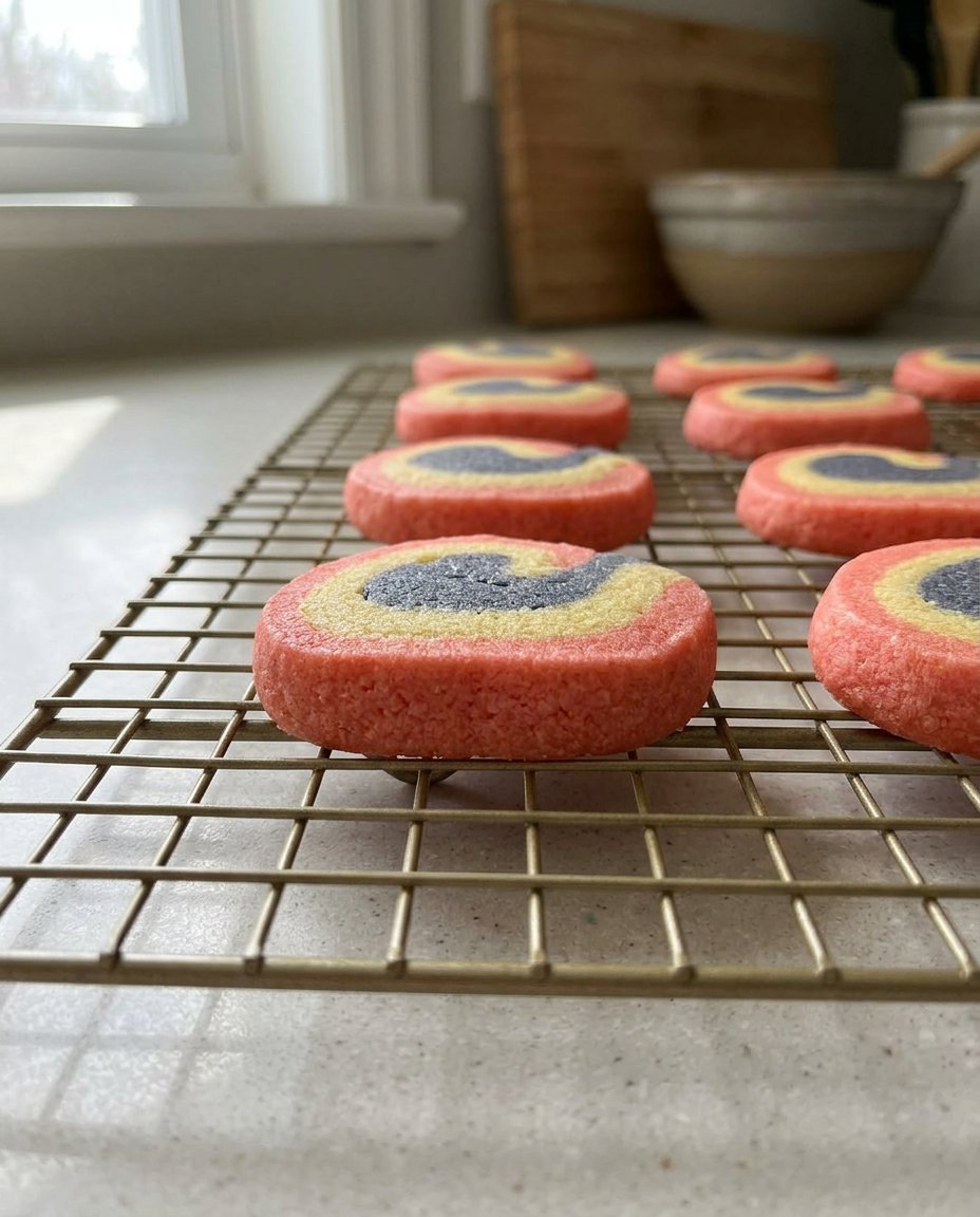 Old fashioned chocolate and vanilla pinwheel cookies cooling on a wire rack