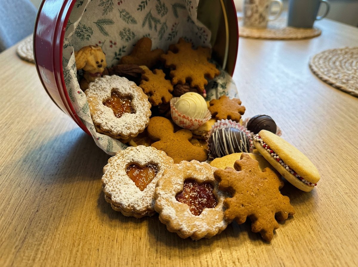 A batch of fresh Christmas sugar cookies cooling on a wire rack in a nostalgic kitchen setting.