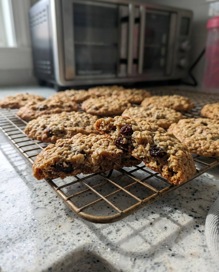 A classic ceramic cookie jar overflowing with soft oatmeal raisin cookies.