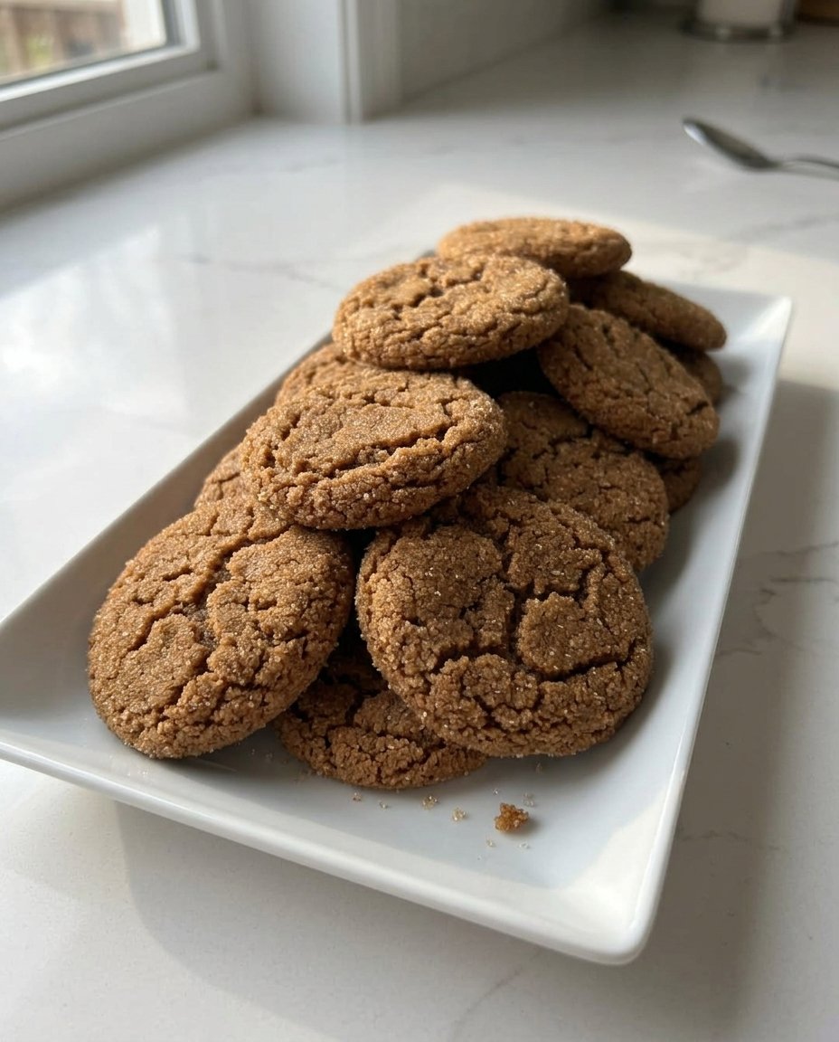 Big chewy ginger cookies cooling on a wire rack with a dusting of sugar