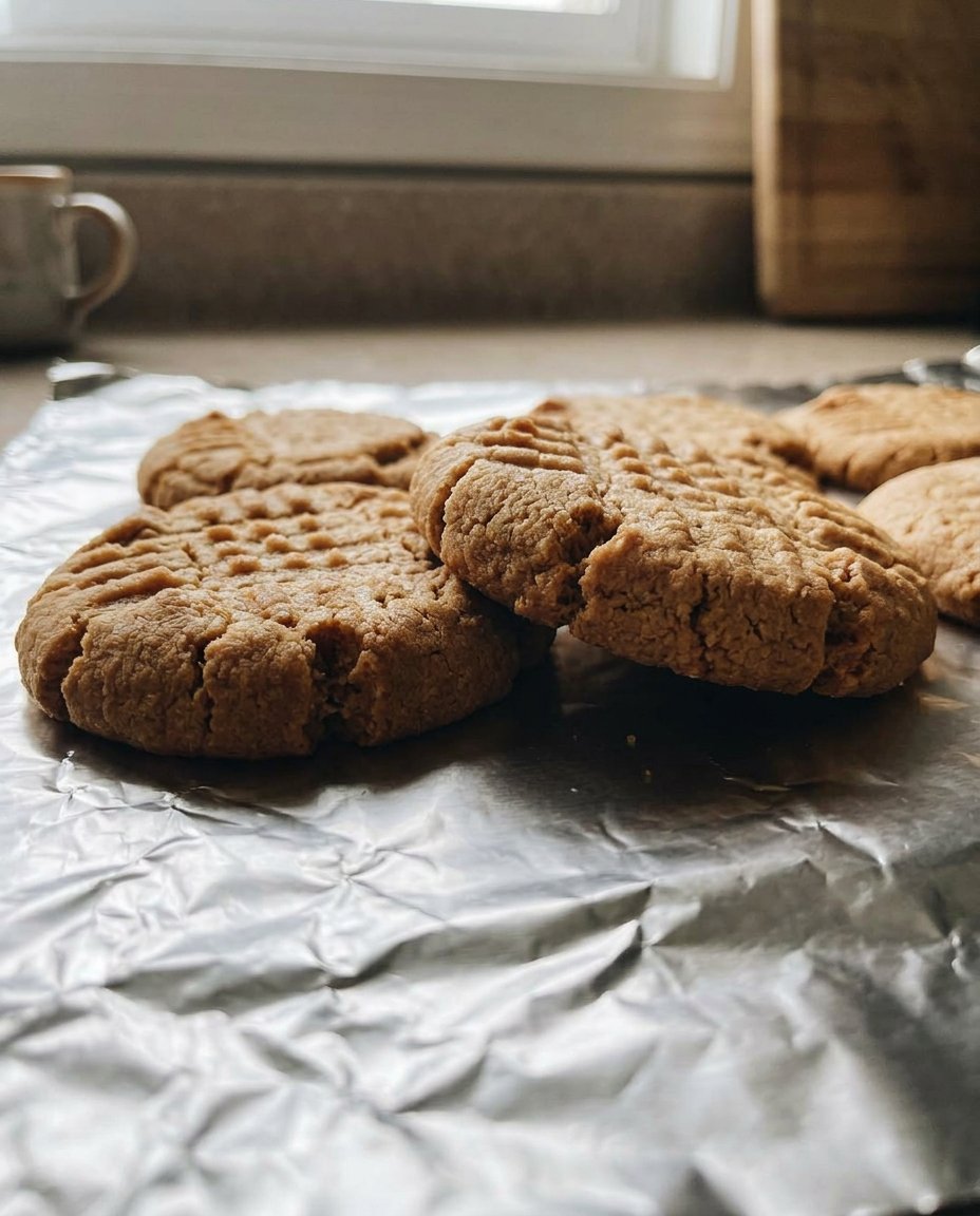 A stack of old-fashioned gluten free peanut butter cookies on a rustic kitchen counter.