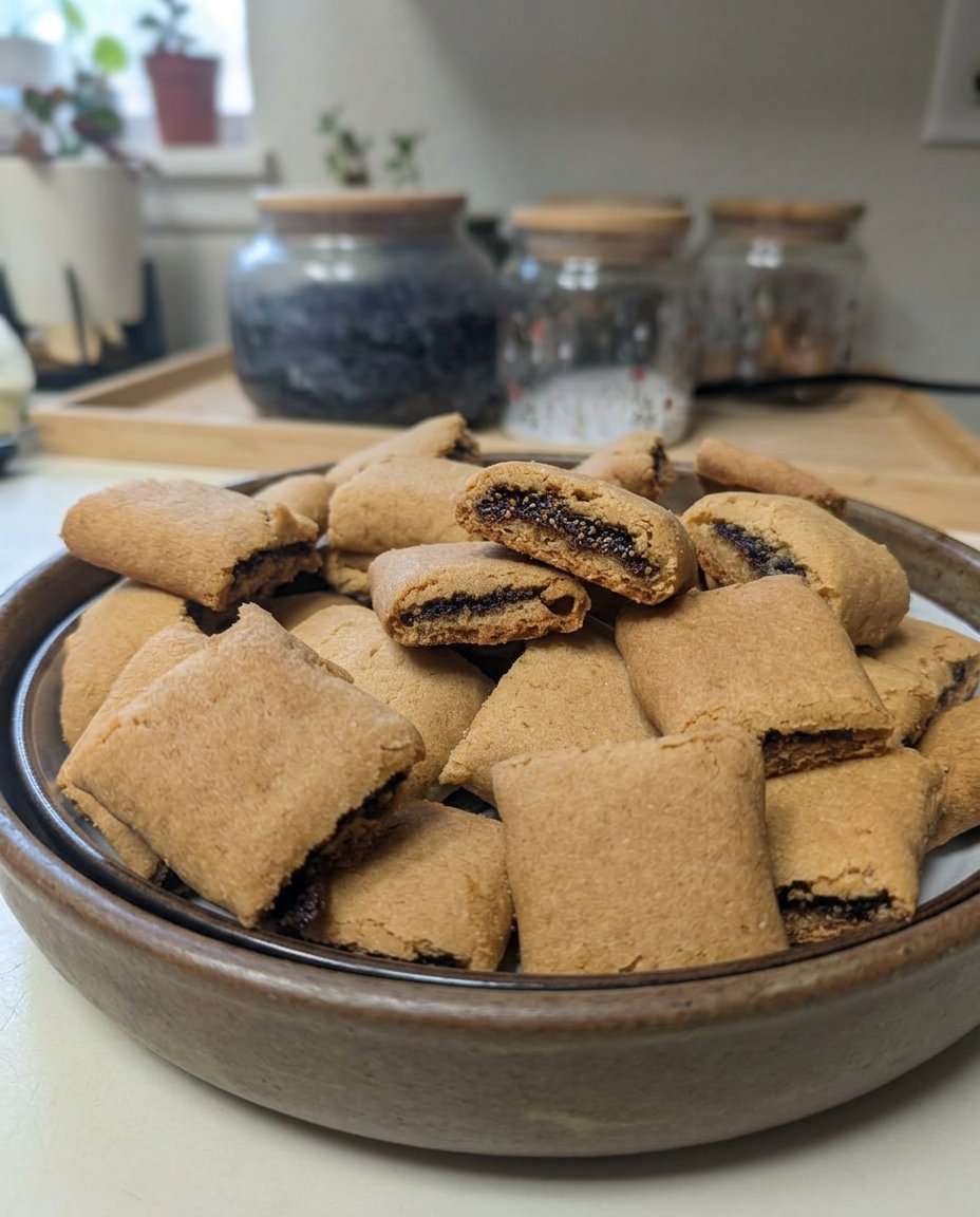 A pile of soft homemade fig newtons sitting on a cooling rack in a sunny kitchen