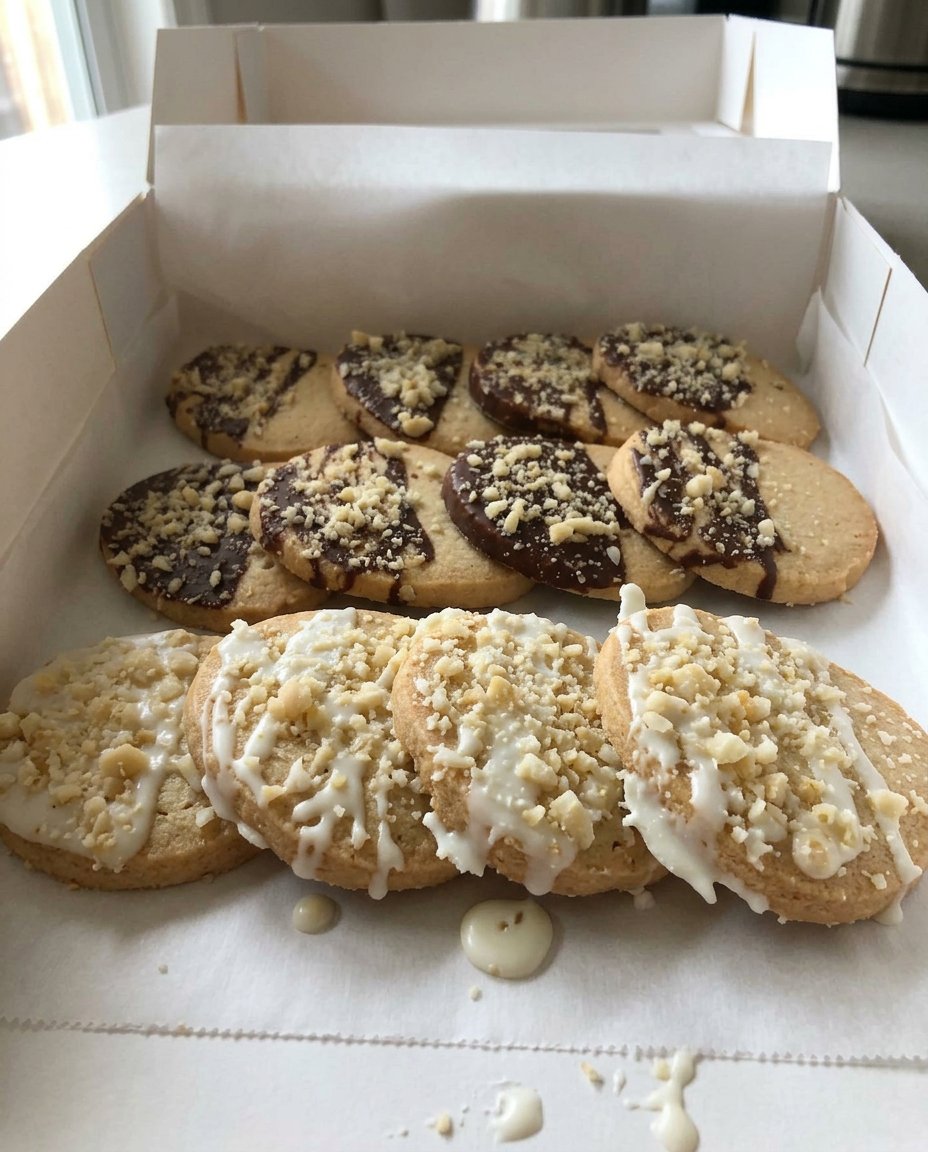 Old-fashioned macadamia shortbread cookies on a lace doily