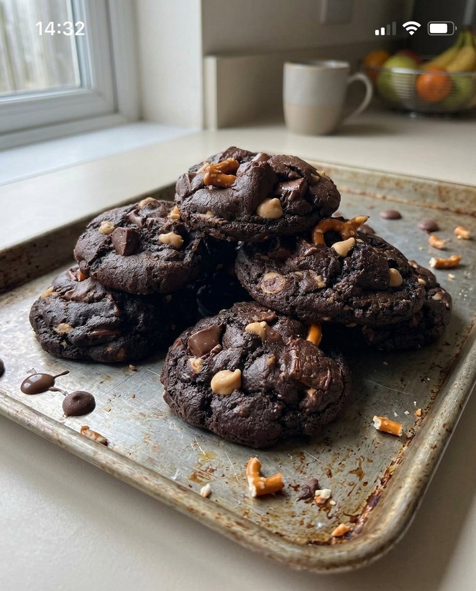 A stack of thick milk chocolate chip cookies on a wooden countertop with a vintage mixing bowl