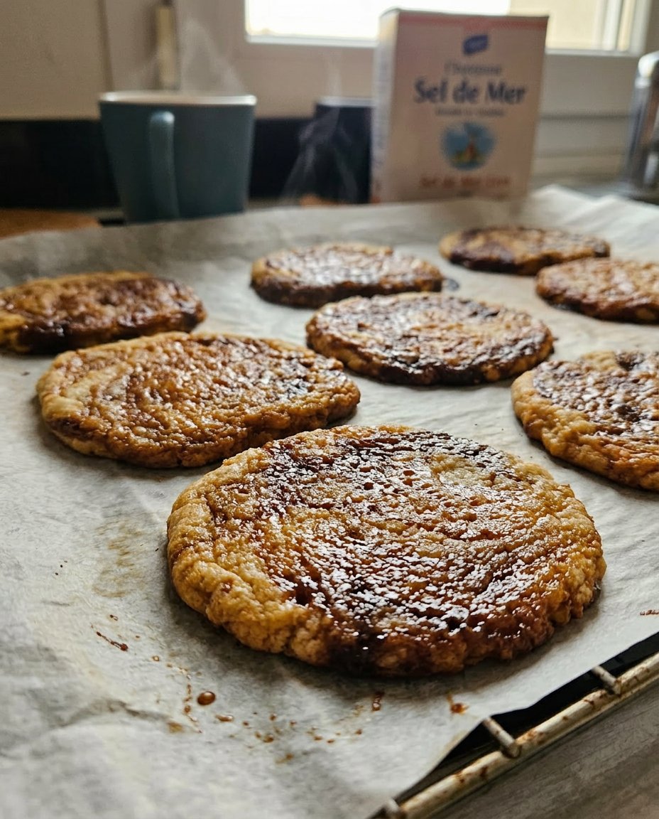 A stack of golden miso caramel cookies on a vintage wooden kitchen counter
