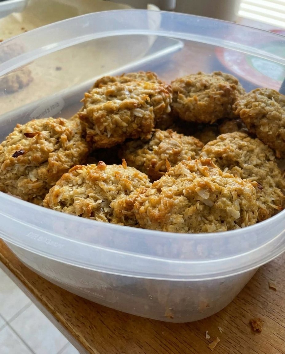 A stack of golden brown oatmeal coconut cookies on a vintage floral plate.