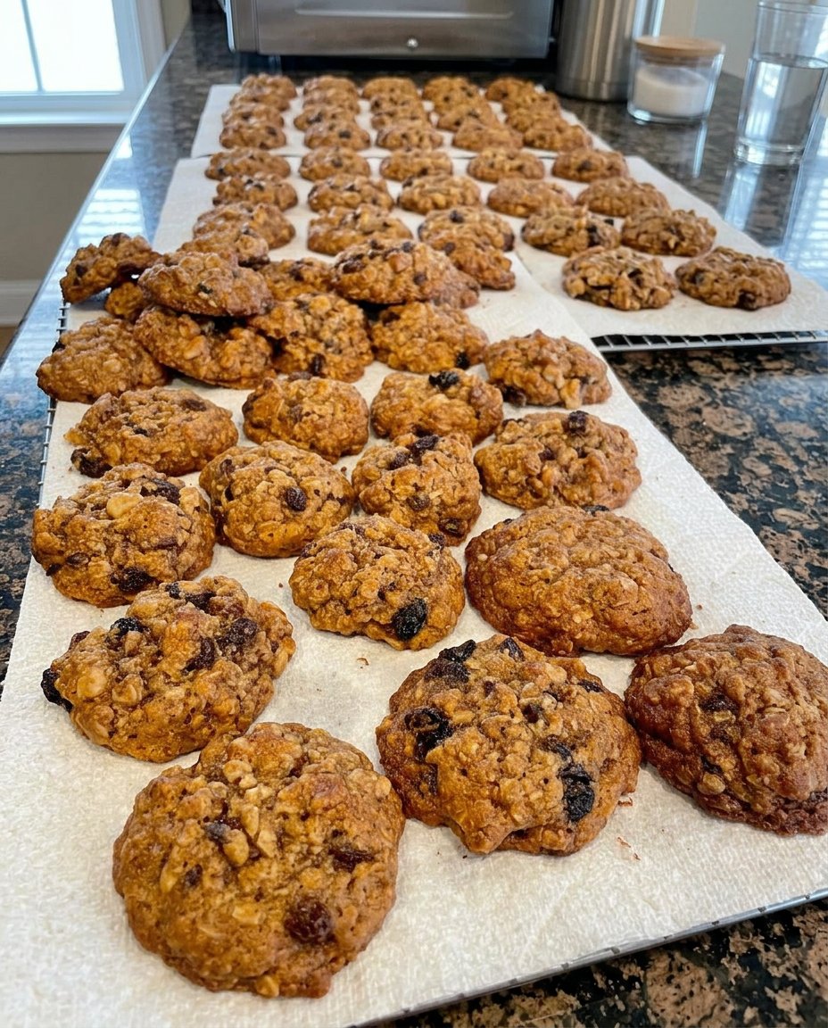 A stack of freshly baked oatmeal raisin walnut cookies resting on a wire cooling rack with a vintage kitchen background.