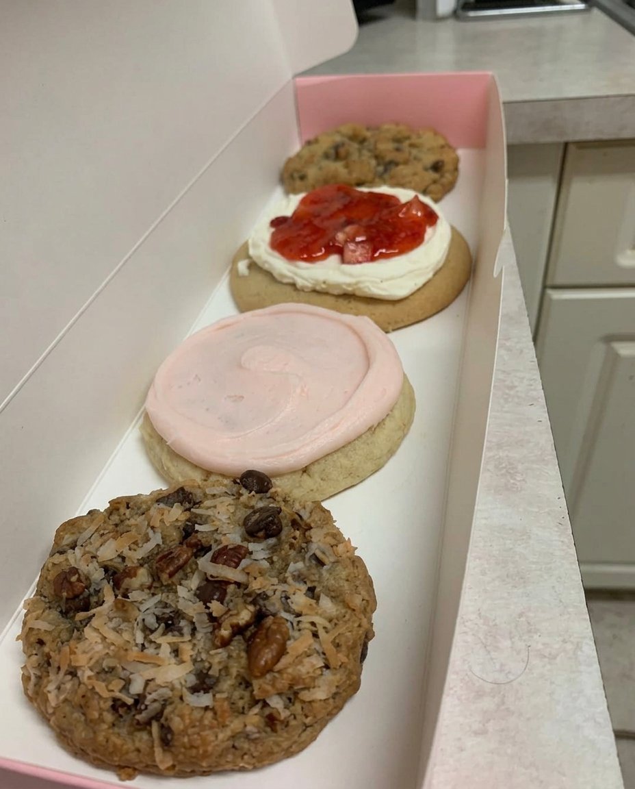 A stack of thick milk chocolate chip cookies resting on a wire rack in a sunlit kitchen