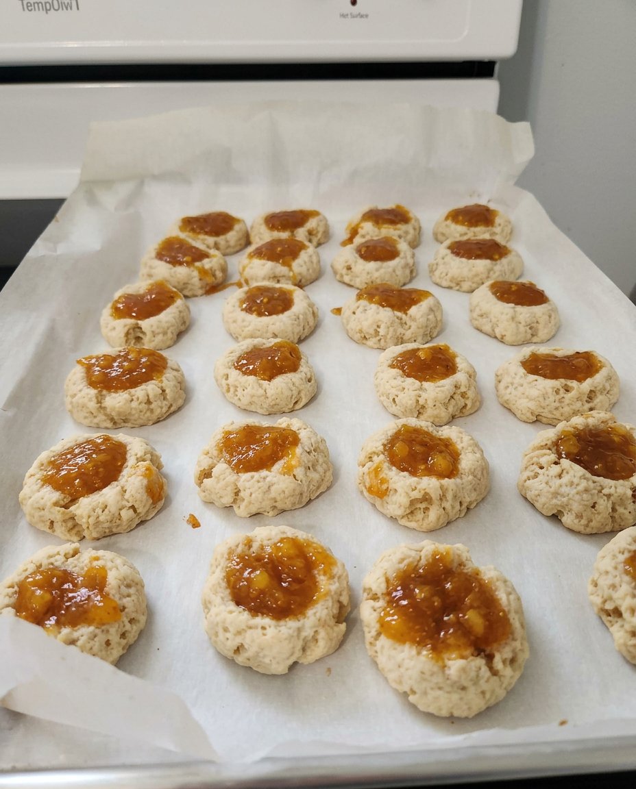 Old-fashioned peach thumbprint cookies with cinnamon glaze on a vintage plate