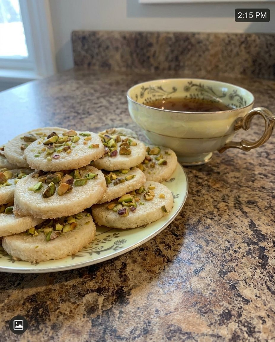 Old-fashioned cardamom pistachio cookies on a vintage cooling rack
