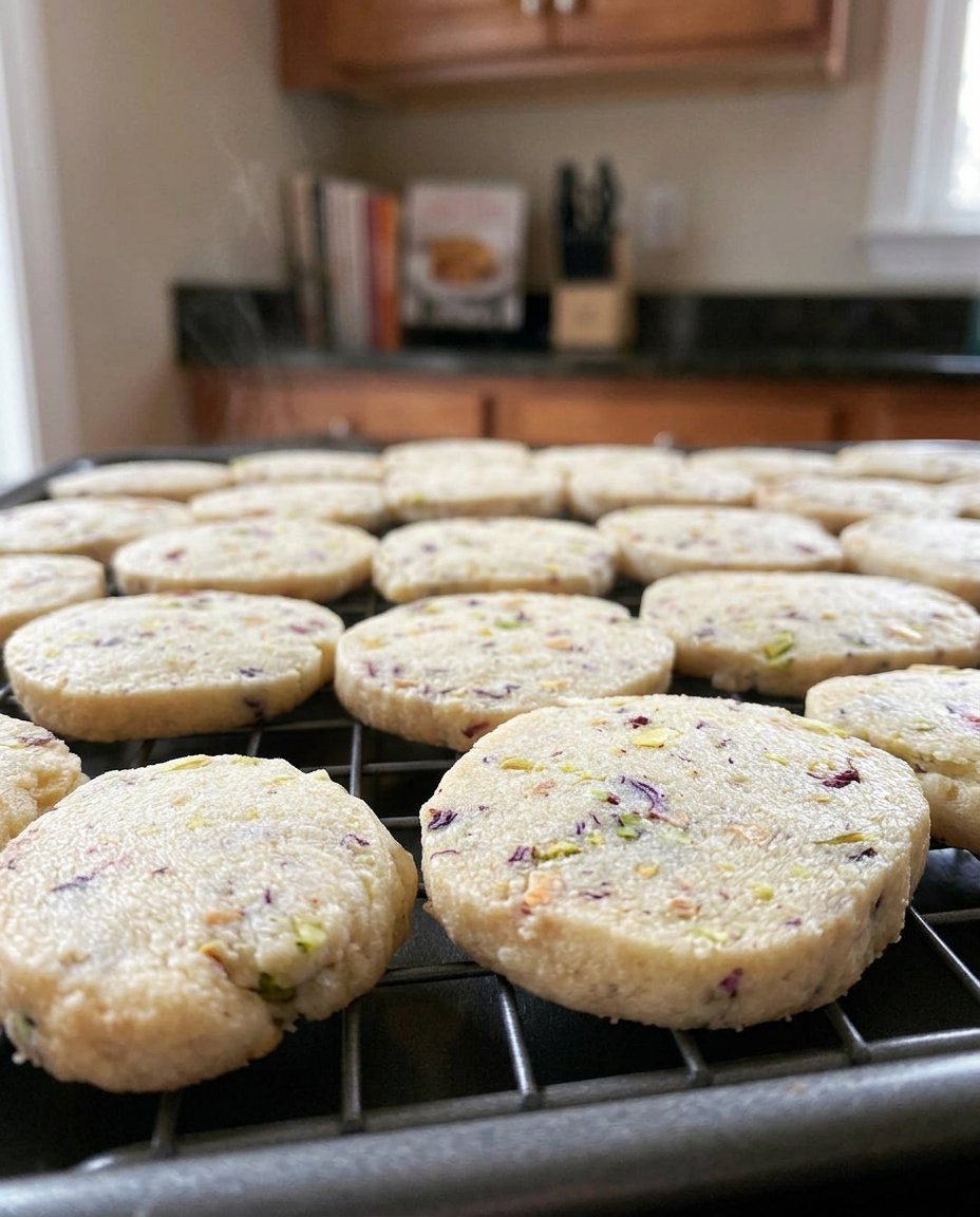 A stack of golden pistachio shortbread cookies on a vintage cooling rack.