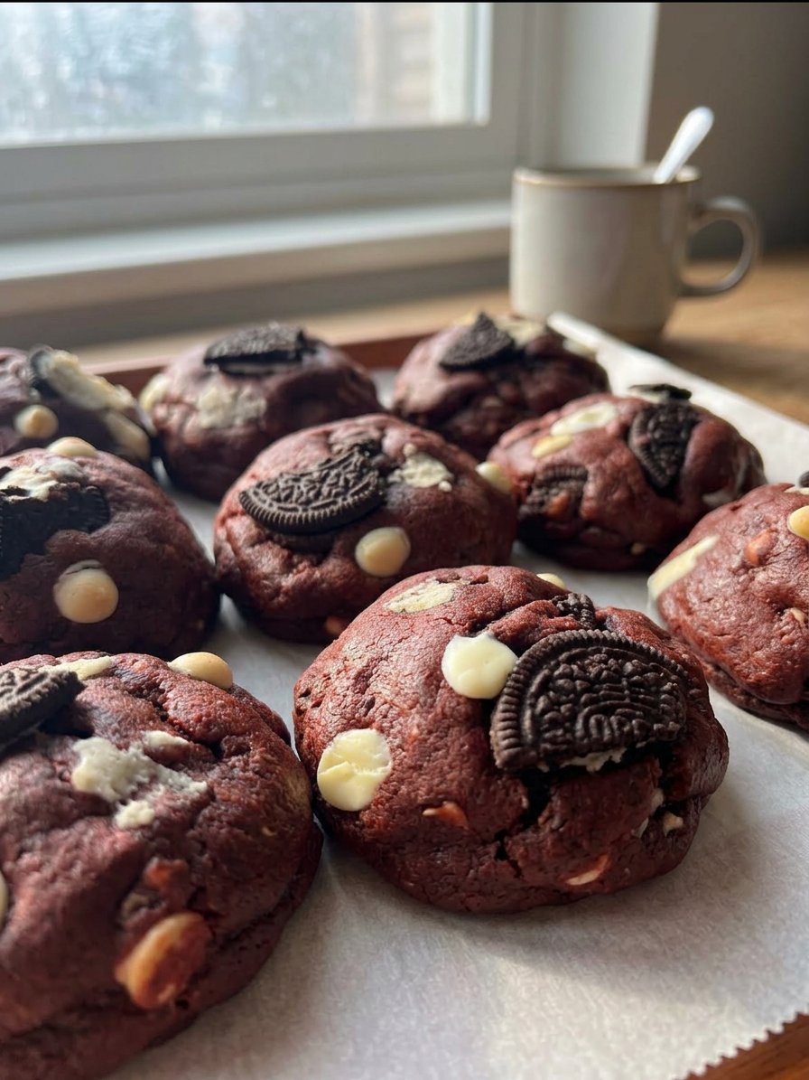 A stack of vibrant red velvet cookies with white chocolate chips on a vintage wire cooling rack.