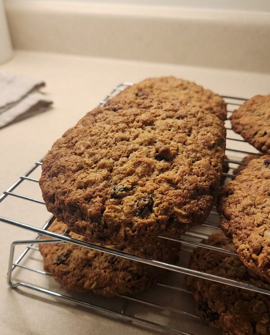 A tray of golden brown rum raisin oatmeal cookies cooling on a wire rack in a rustic kitchen.