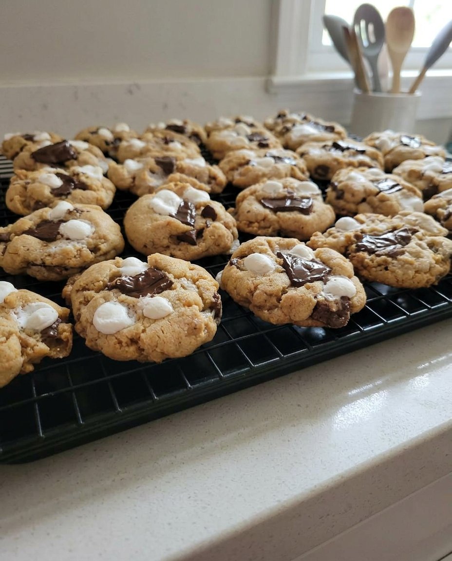 A tray of golden brown smore cookies with graham cracker pieces on top