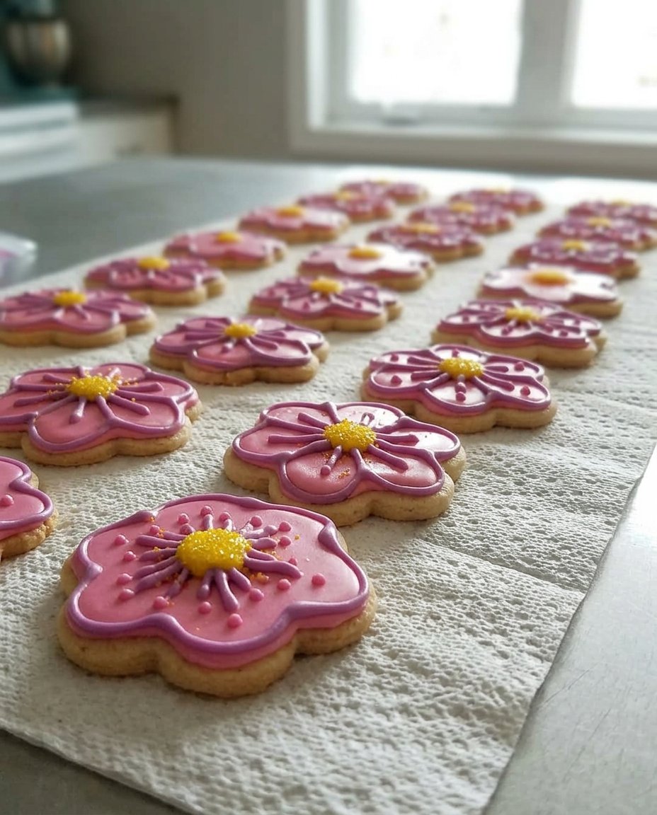 Old fashioned spring flower cookies being pressed onto a baking sheet with a vintage cookie press