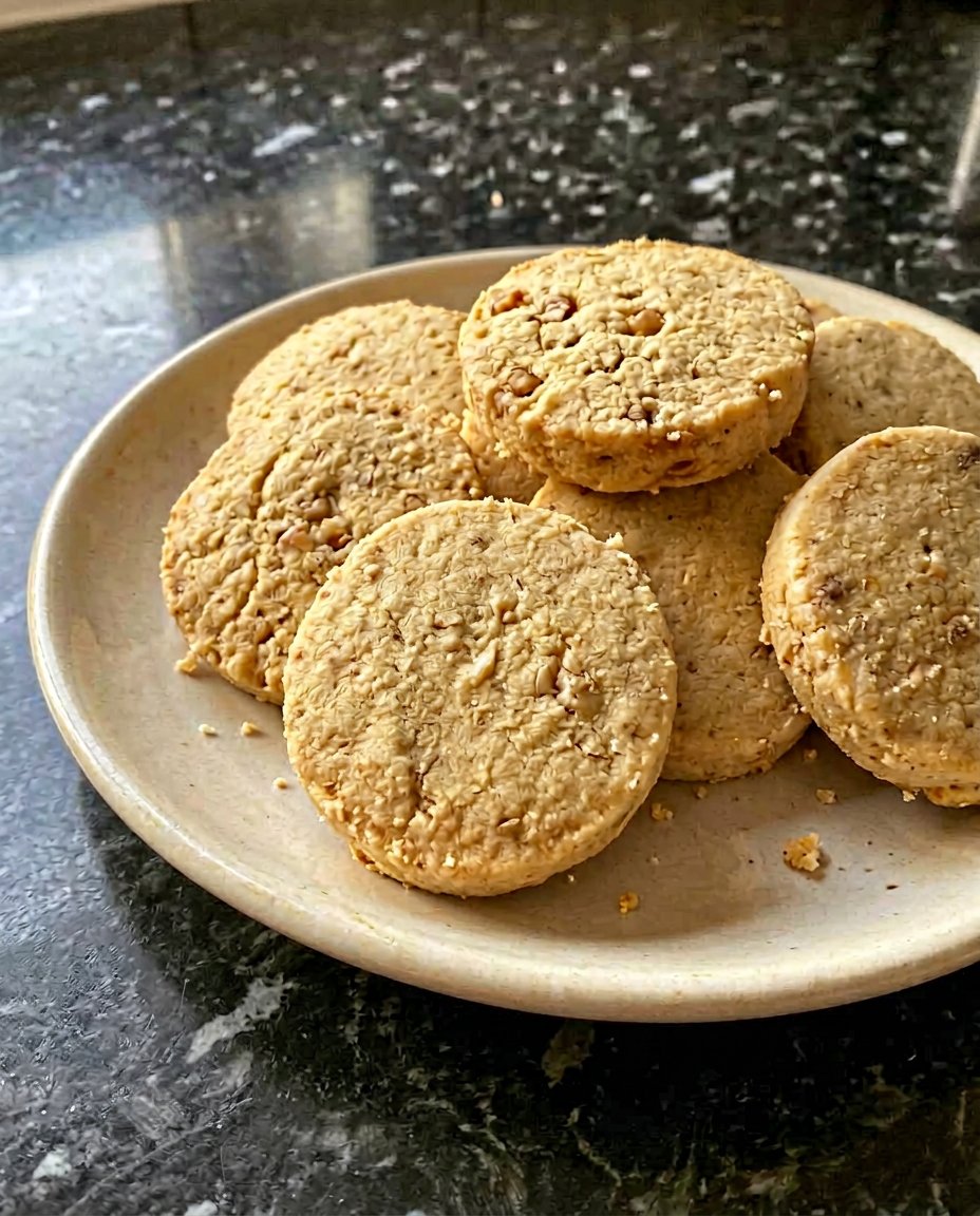 Old-fashioned walnut shortbread cookies cooling on a wire rack in a rustic kitchen