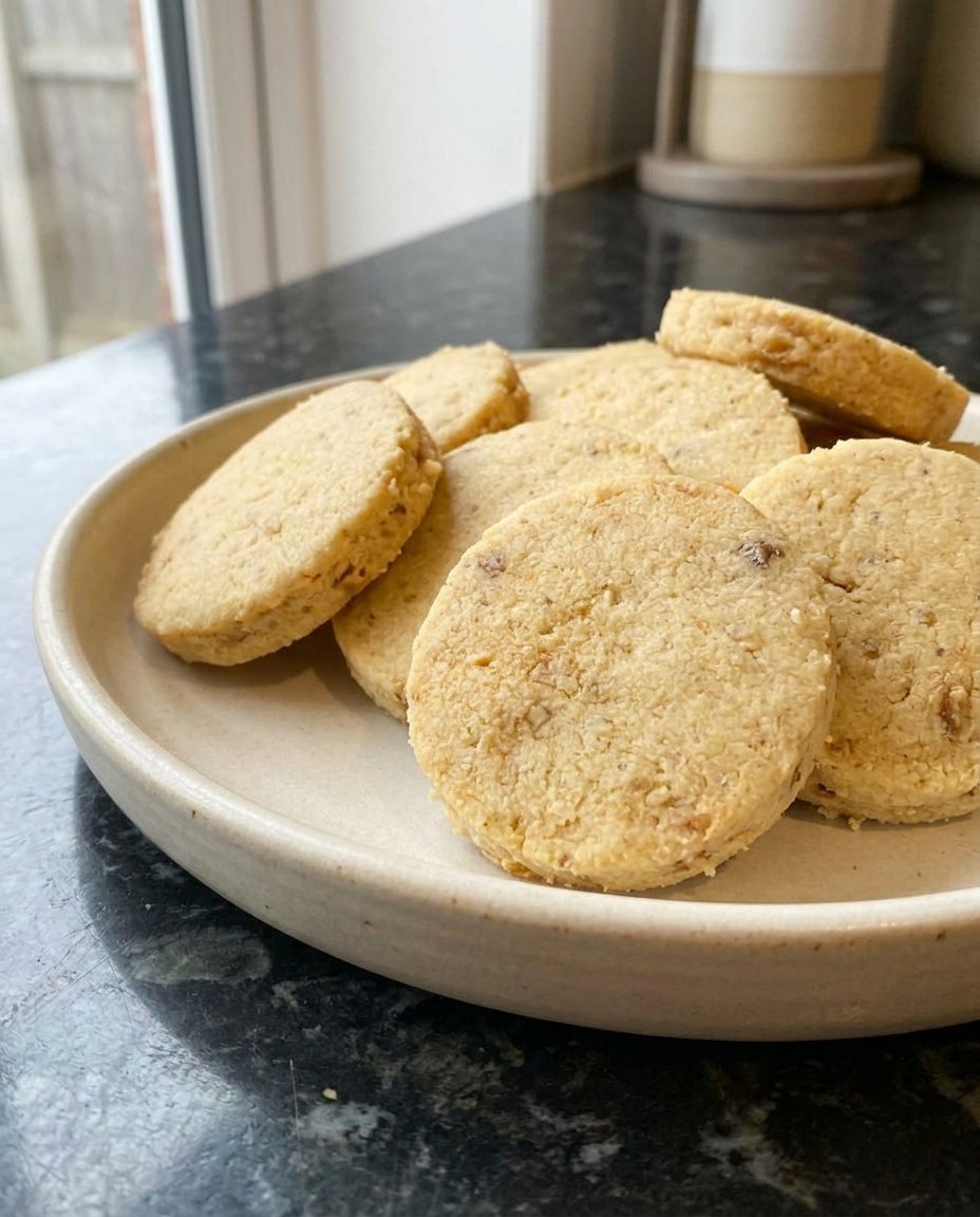 Two walnut shortbread cookies resting on a saucer next to a steaming cup of tea
