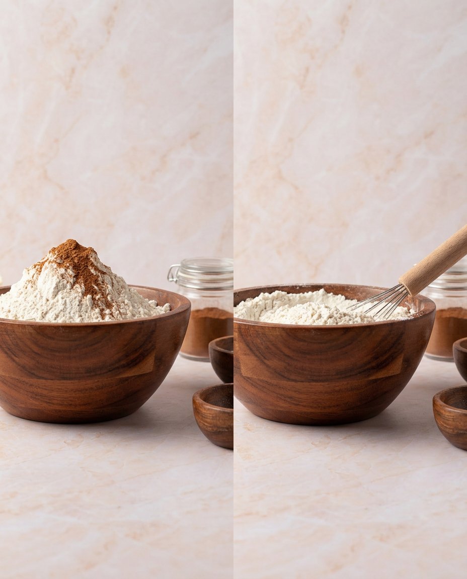 Overhead view of basic baking ingredients including brown sugar, flour, butter, and cinnamon