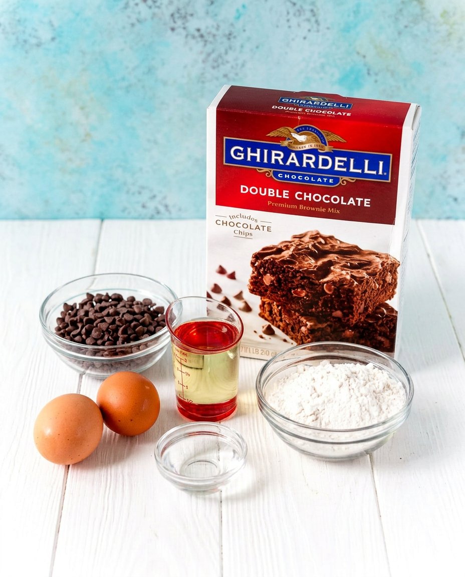 Box of brownie mix, eggs, oil, and chocolate chips on a counter