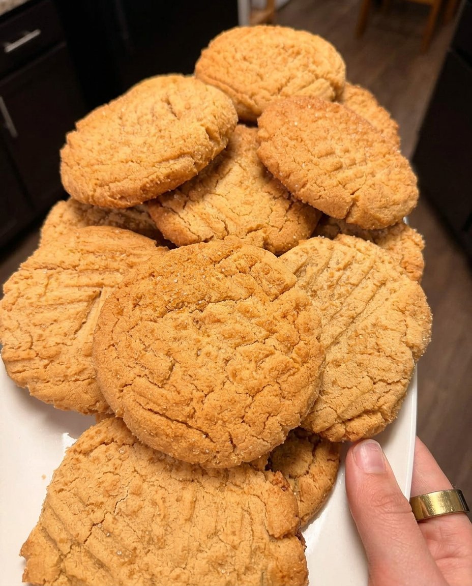 Warm, soft peanut butter cookies served with a glass of cold milk