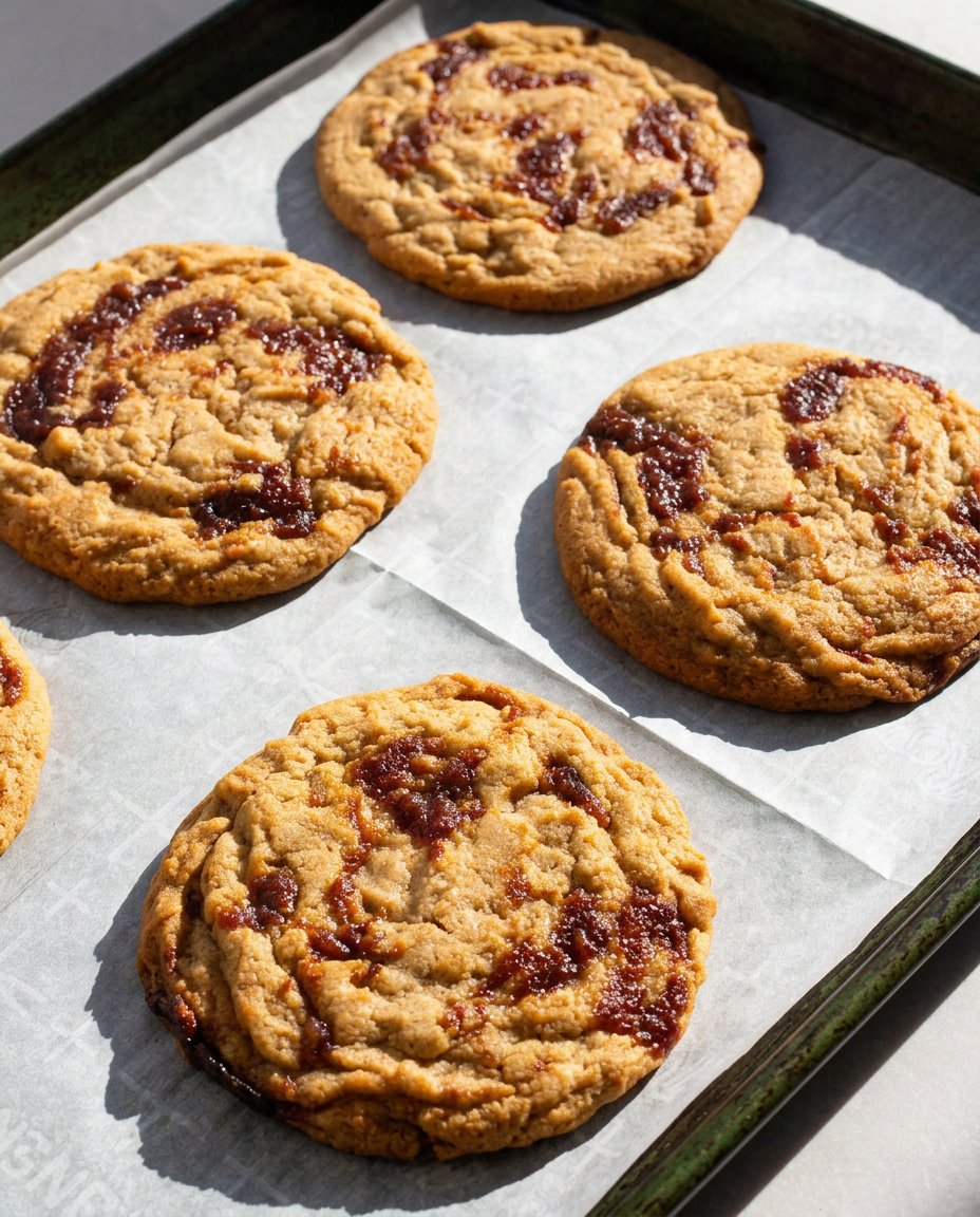 A warm, soft miso caramel cookie broken in half to show the chewy, tender interior