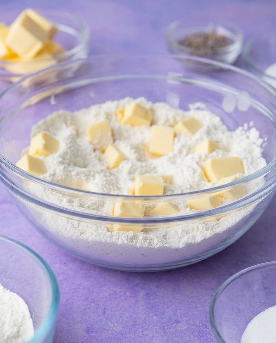 Simple pantry staples including butter, flour, and dried culinary lavender