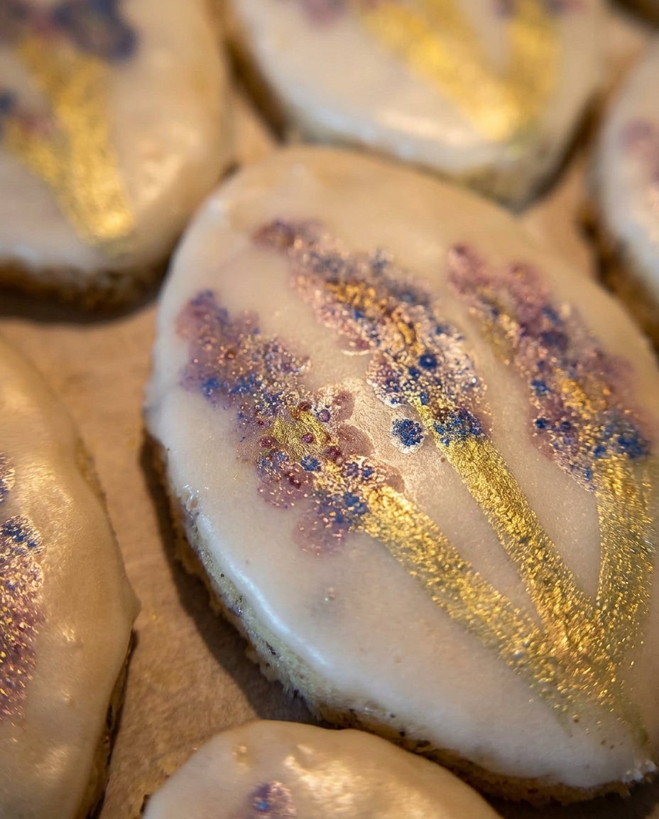 Lavender shortbread cookies dipped in white chocolate served with hot tea