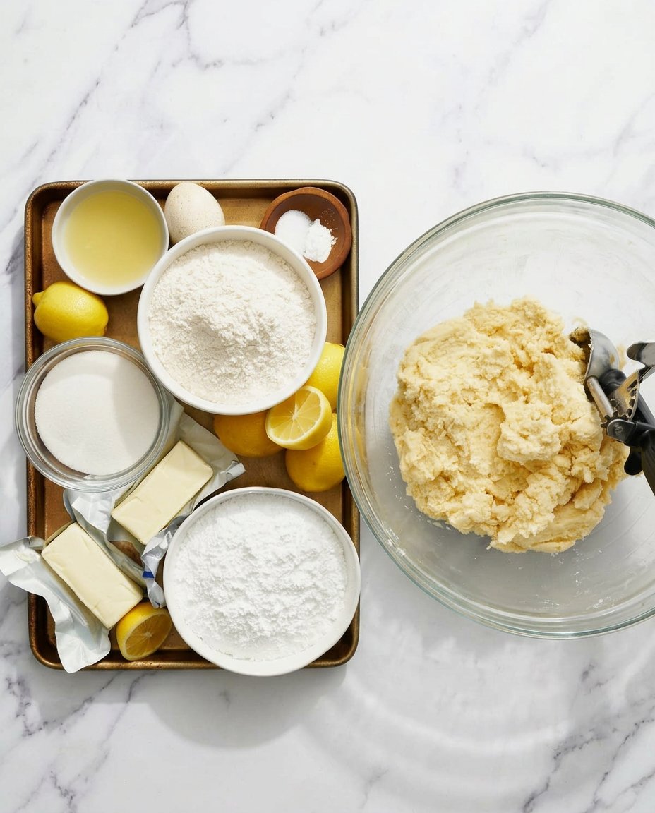 Fresh lemons, butter, sugar, and flour arranged neatly on a kitchen table for baking.