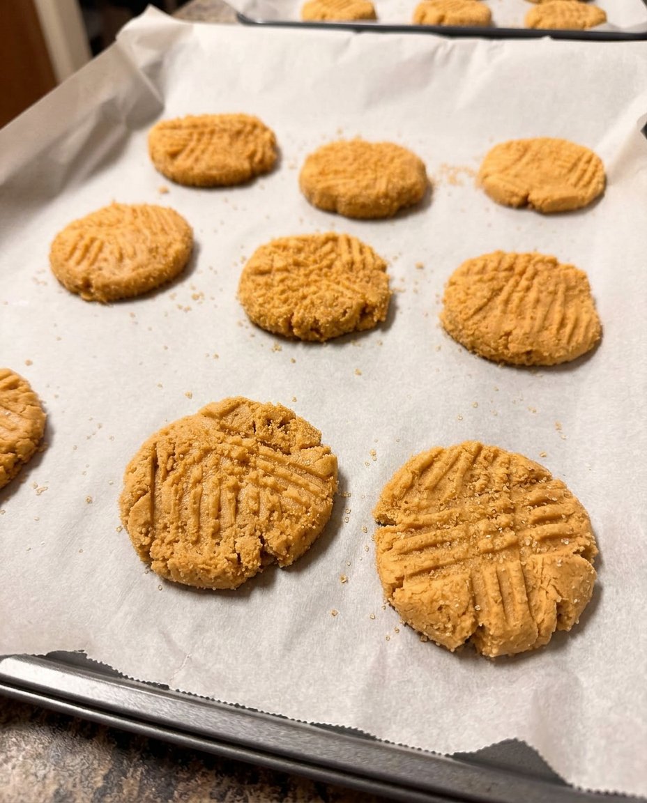 Cross-hatch pattern being pressed into peanut butter cookie dough with a fork