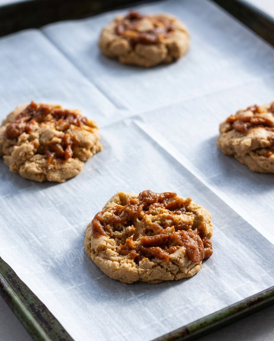 Freshly baked miso caramel cookies cooling on a baking tray with visible gooey caramel swirls