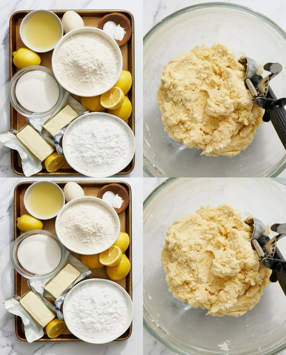 A hand using a cookie scoop to place lemon dough on a parchment lined sheet