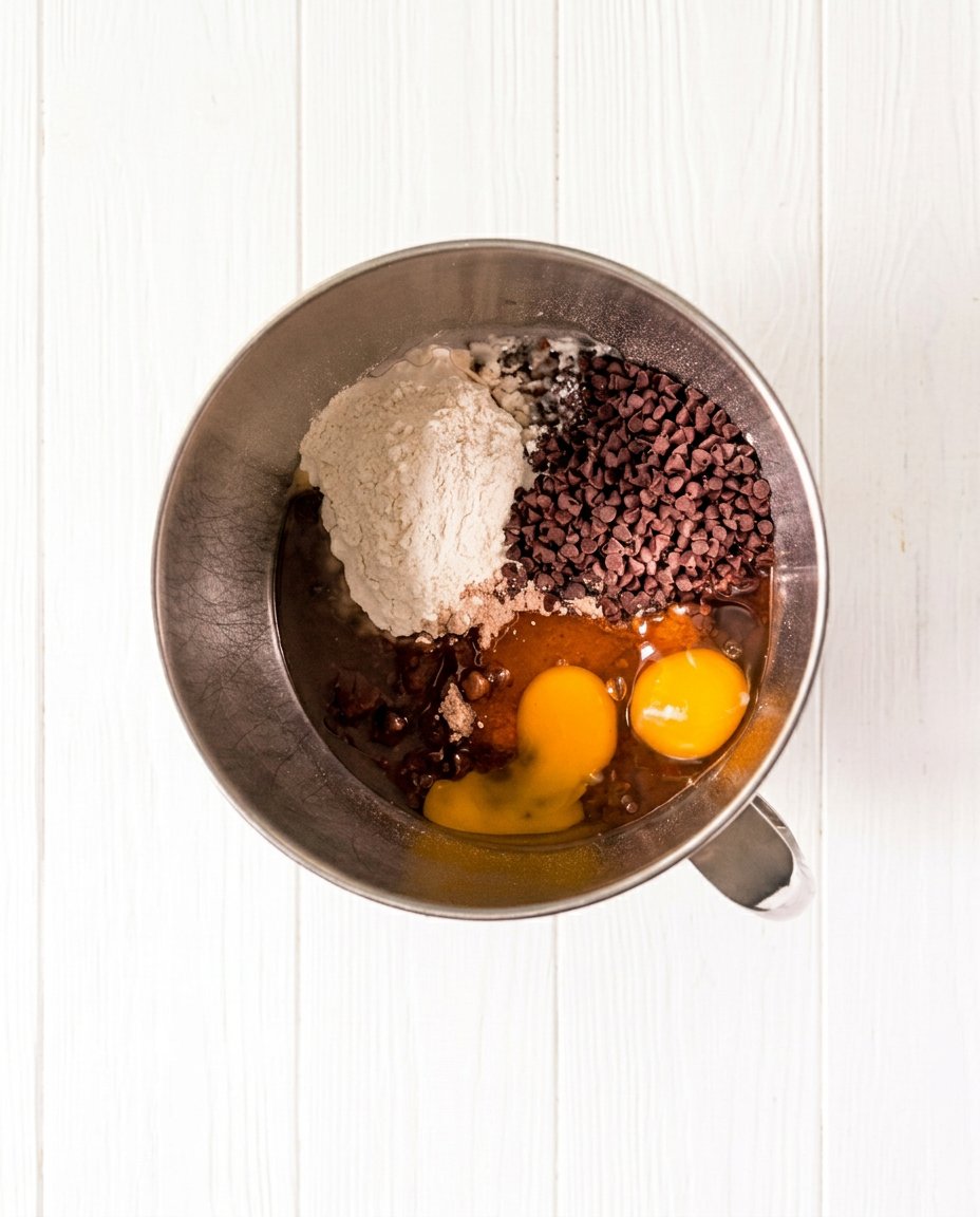Scooping thick chocolate cookie dough onto a parchment lined baking sheet
