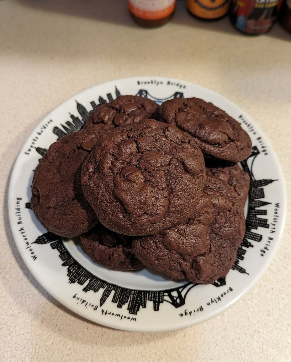 Stack of chewy brownie cookies next to a glass of milk