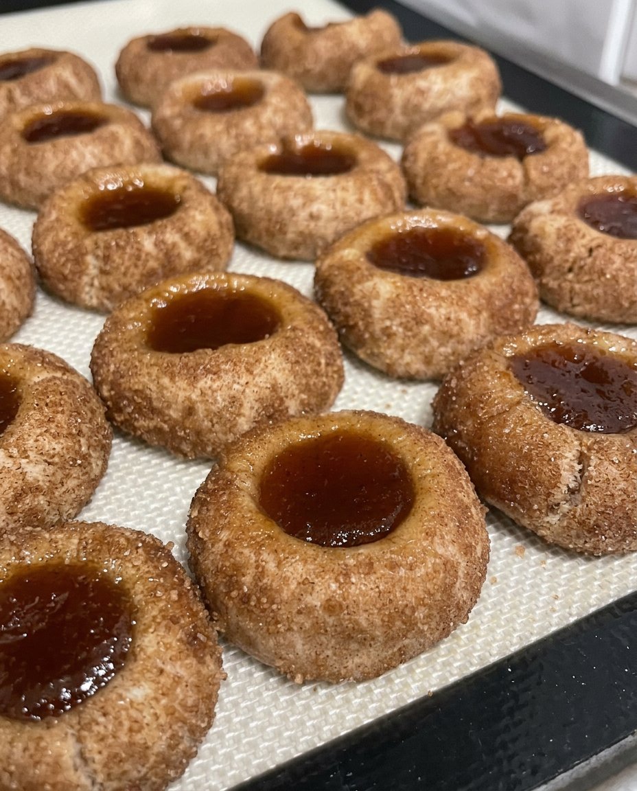 Peach thumbprint cookies served with a glass of milk