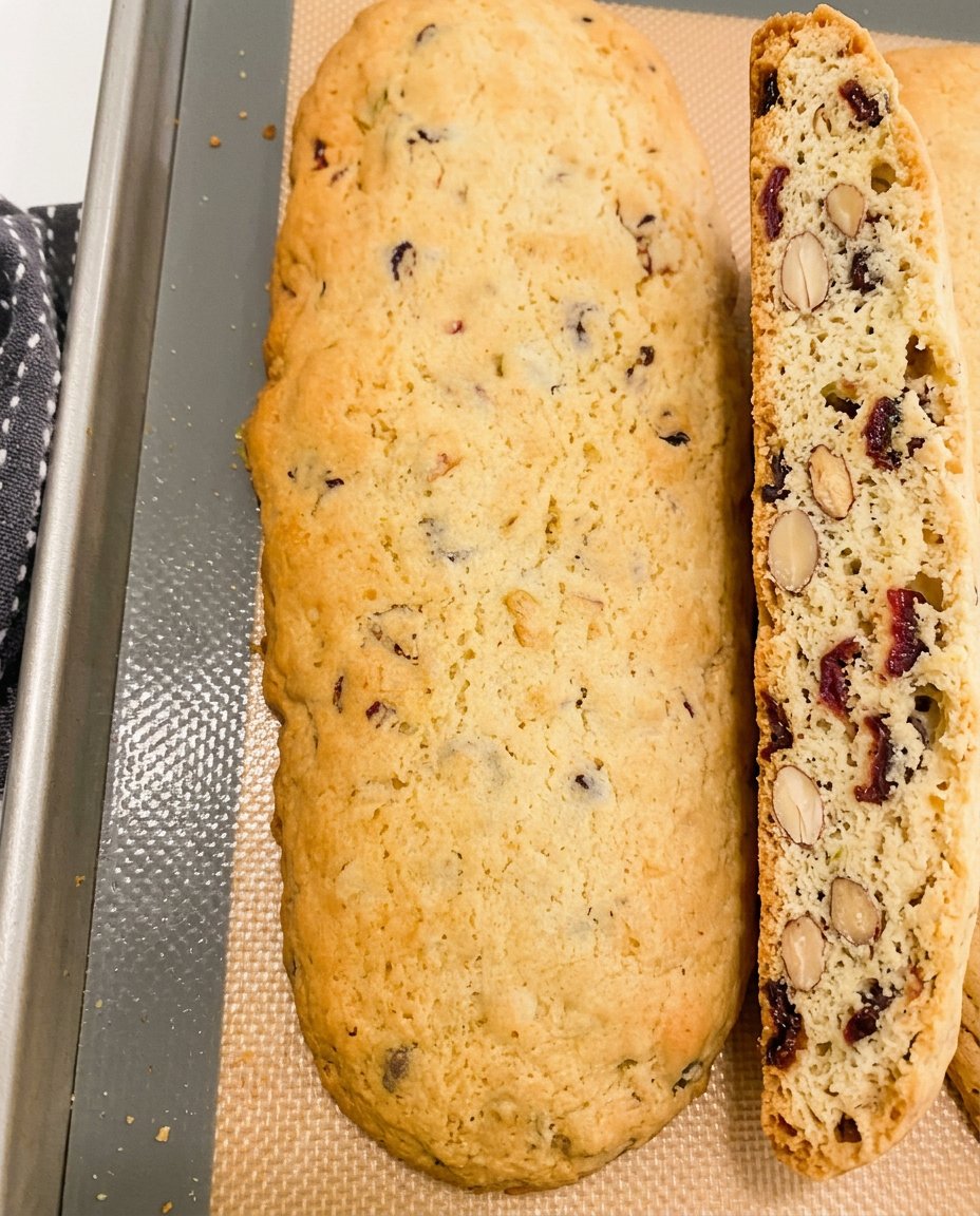 Ingredients for biscotti including fresh cranberries and pistachios.