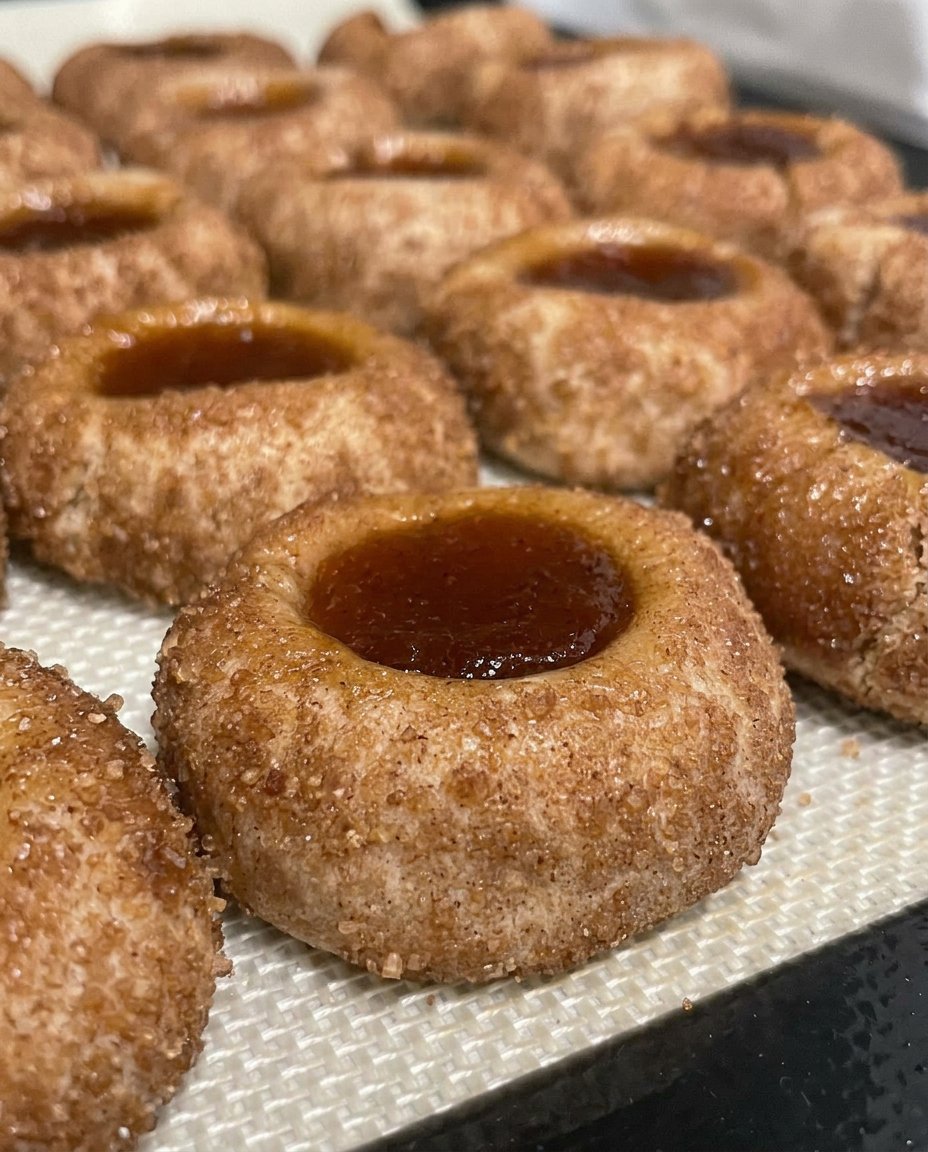 Soft and chewy peach thumbprint cookies stacked in a vintage glass cookie jar.
